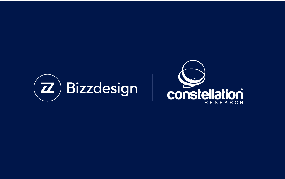 Bizzdesign's logo and Constellation ShortList's logo on a blue background