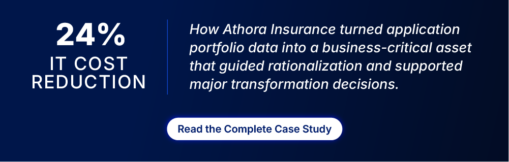 Athora Insurance case study showing a 24% IT cost reduction through application portfolio rationalization.