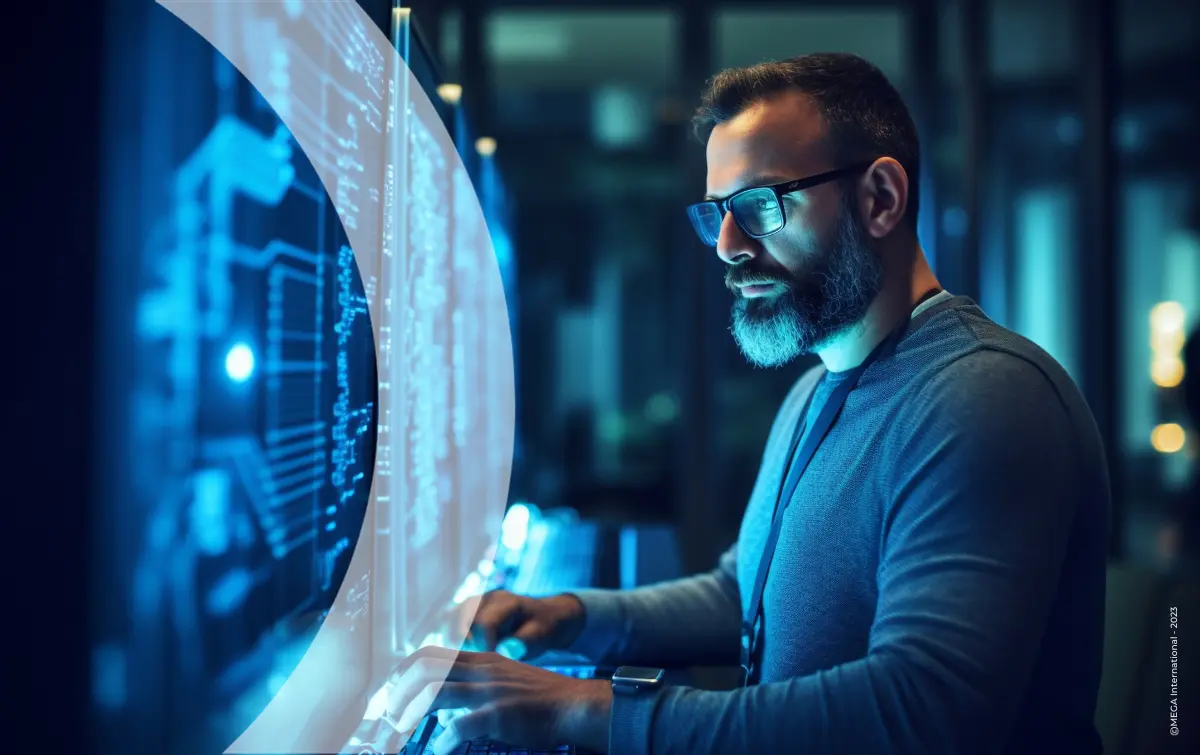 Man looking at computer screen in electric blue lit room