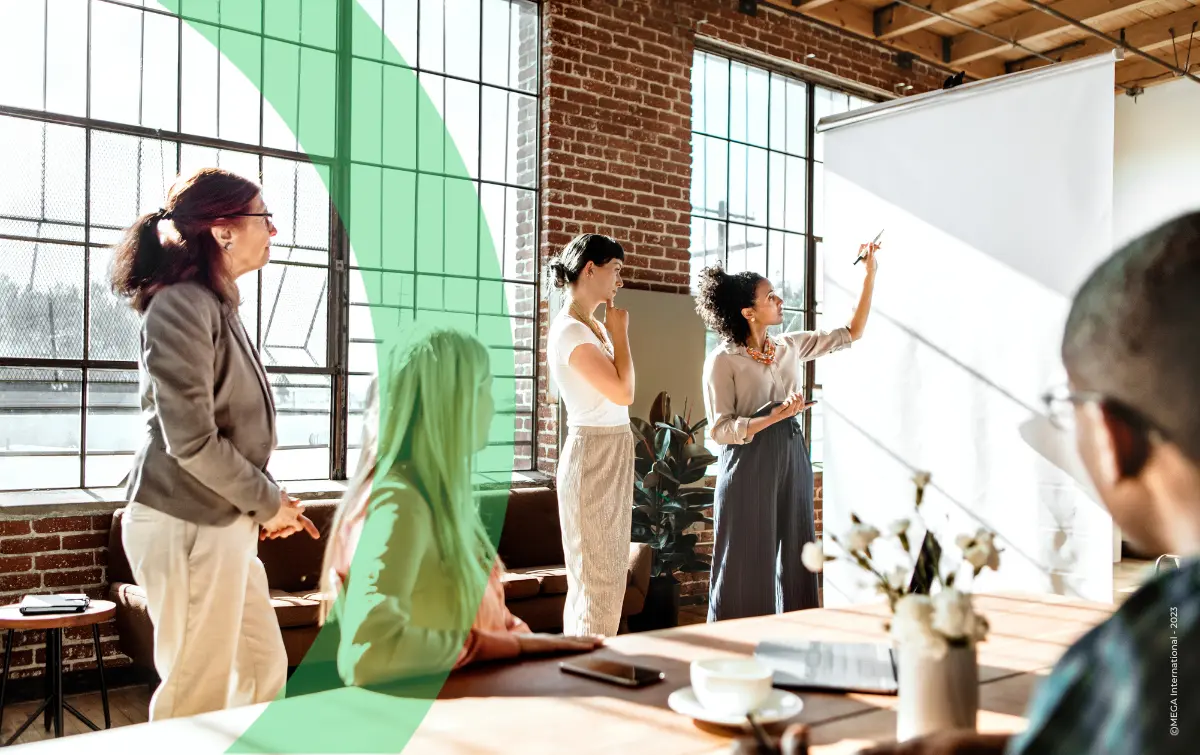 Group of people working together in open space