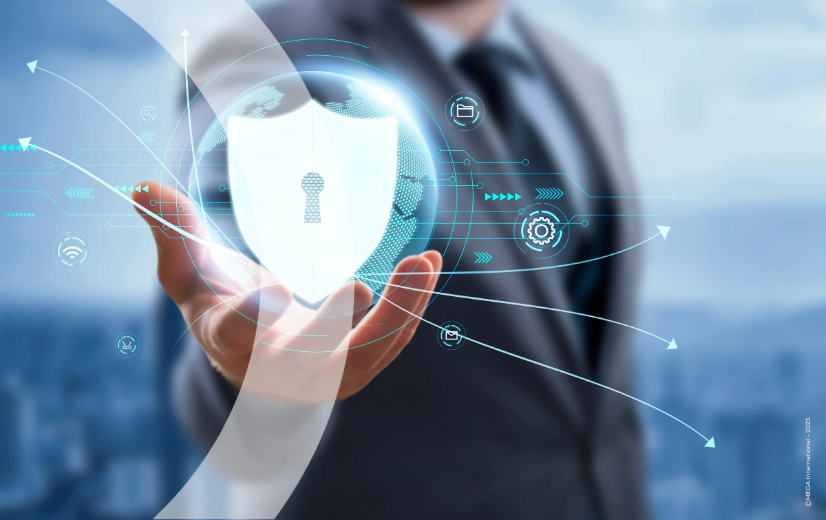 a man holding a virtual padlock in his hand